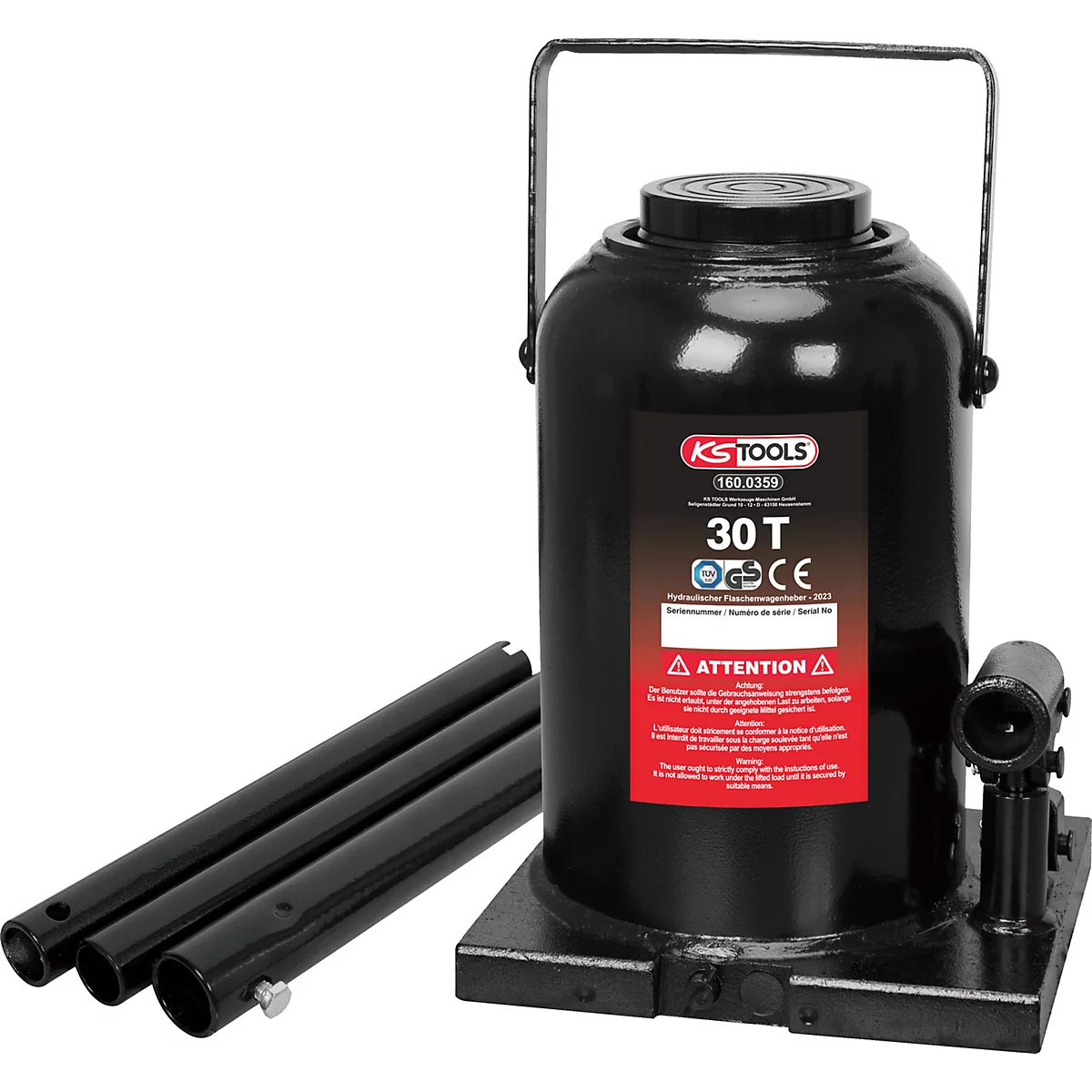 Schwarzer Hydraulikzylinder, 30T, mit Hebeln und Warnhinweis.